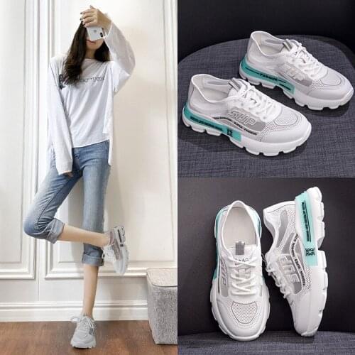 Women Sneakers Mesh Mixed Colors Genuine Leather Lace-Up Med (3cm-5cm) Sport Running Ladies Shoes Zapatos De Mujer