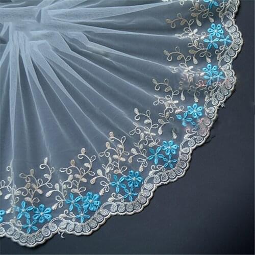10Yards Flower Blue Mesh Tulle Fabric Embroidered Lace Trim Ribbon DIY Wedding Garment Sewing Craft Accessories 20cm Width