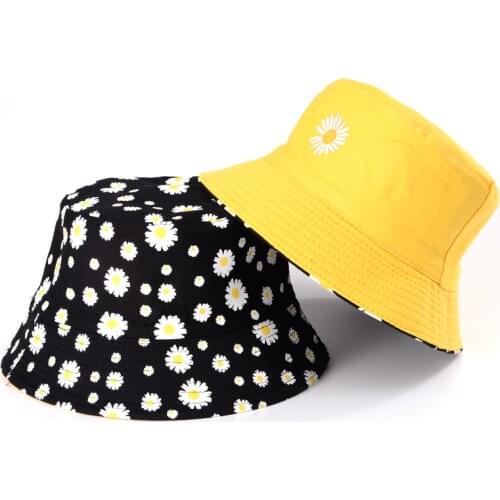 Summer Little daisies Double Sided wear Bucket Hat Women men Outdoor Fishing Cap girls Cotton daisy Panama lady fisherman hat