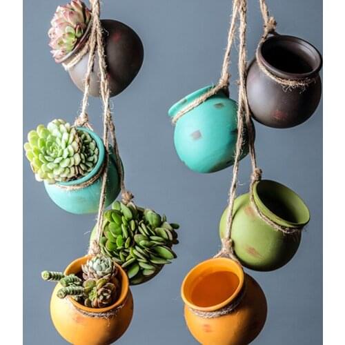 Mini Rope Fleshy Flower Pot Ceramic Hanging Vase Wall Hanging Planter Flower Plant Bonsai Pots Home Decor Accessories