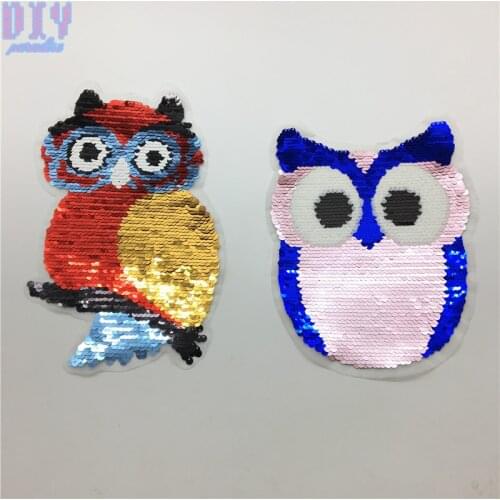 Cartoon Owl Reversible Sequins Sew On Patches for clothes Kids Boy Girl T Shirt Coat Embroidered Reverse Patch Applique
