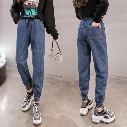 2021 New Plus Size High Waist Jeans Elastic Waist Boyfriend Loose Lace Up Denim Harem Jeans 4Xl 5Xl Blue Casual Pants for Women