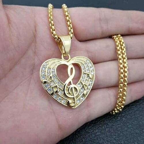 Hip Hop Fashion Charm Iced Out Stainless Steel Crystal Heart Music Notation Pendants Men Women Necklace Jewelry Gift for Women