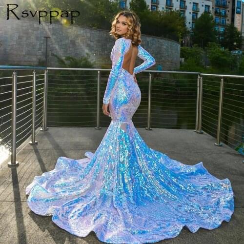 African Girl Mermaid Long Prom Dresses 2021 Coloful Sparkly Sequin Long Sleeves Backless Prom Dress