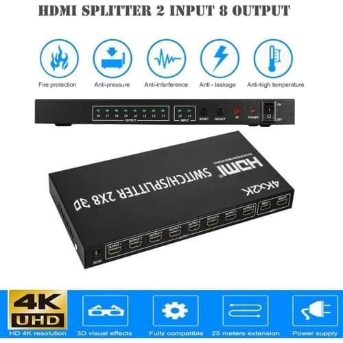 HDMI Splitter/Switcher 2X8 UHD HDMI1.4 4K@30Hz 2 Input 8 Output for LED 4K TV mi box monitor computer ps4 projector