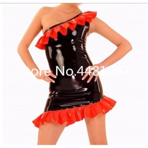 Sexy Black Latex Strapless Skirts with Red Lace Fetish Costumes Lady Tights Dress Party Wear Plus Size
