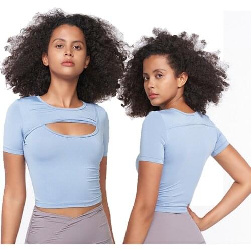 Sexy Front Hollow Out Breathable Sports Top Women O Neck Short-Sleeve Running Training Quick Dry T-Shirts Tight Yoga Crop Top