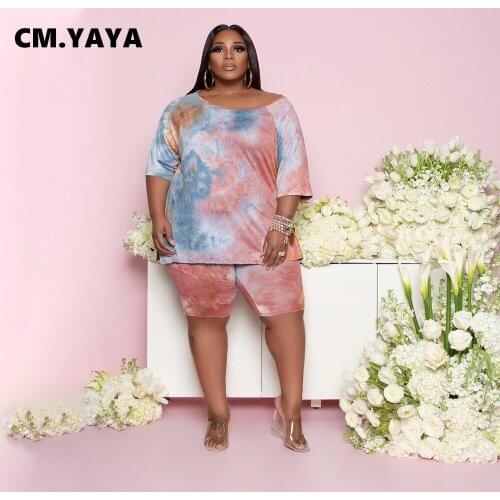 CM.YAYA Women Casual Set Plus Size XL-5XL Short Sleeve O-neck Print Long T-shirts Elastic Sheath Shorts Two Piece Set Summer
