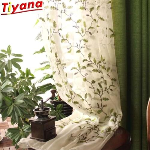 Idyllic Leaf Embroidered Tulle Curtains for Living Room Rural Semi Blackout Green Linen Curtain Fabric for Bedroom X-HM126#30