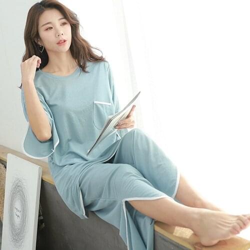 Spring Summer Plus Size Pajamas Suit WomenS Two-Piece Nightdress Ankle-Length Wide Leg Pants Ice Silk Cotton Sleepwear Nighties
