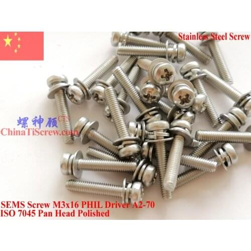Stainless Steel SEMS screws M3x16 Pan Head 1# Phillips Driver Polished ROHS 100 pcs