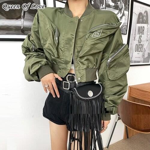 Multi Pocket Design Baseball Cropped Jacket Women 2021 Autumn Winter Streetwear Loose Zipper Jackets And Coats Outwear Y2K