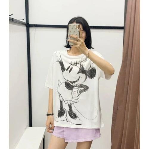 Disney Cartoon Minnnie Shirts for Women Print Round Neck Short-sleeved Women Fashion Clothing Graphic T-Shirts Harajuku Kawaii