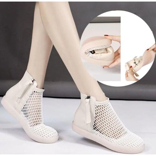 Hollow Out Women Boots Flats Solid Ankle Short Boot Round Toe Shoes For Women Thick-soled British Style Boots Women NVXUE64