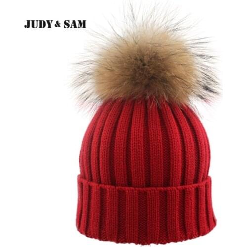 Brand Design Quality Wool Blend Knitted Toca Beanie for Girl with Real Raccoon Fur Pompom 20 Colors Fitted Cap Hats for Boys