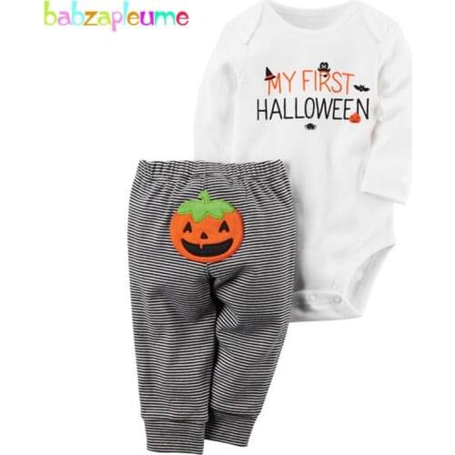 2PCS/Halloween Pumpkin Cute Newborn Rompers Baby Boys Girls Clothes Long Sleeve Bodysuit+Stripe Pants Infant Clothing Set BC1076