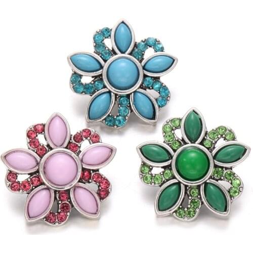6pcs/lot New Snap Jewelry Natural Stone Rhinestone 18mm Flower Snap Buttons Fit Snap Bracelets for Women Snaps Buttons Jewelry