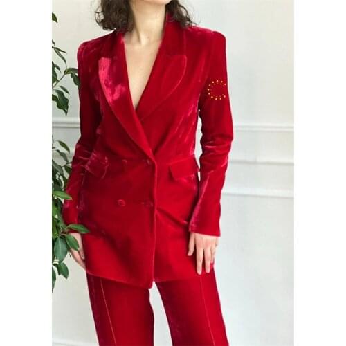 Velvet Women Suits Newest Design 2 Pieces Red Pant Suit Custom Made Sexy V Neck Double Breasted Office Lady Suit