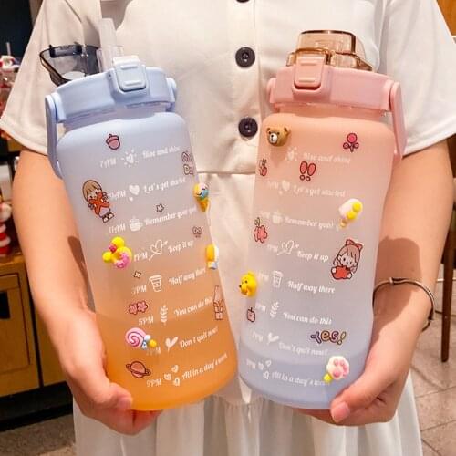 2000ml Jumbo Water Bottle Sport With Time Marker 3D Sticker Plastic Travel Big Portable Straw Gym Drinking Jug For Adult School