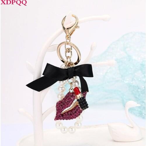 XDPQQ fashion jewelry lips keychain black bow fabric collocation keychain accessories ladies bag pendant decorative souvenirs