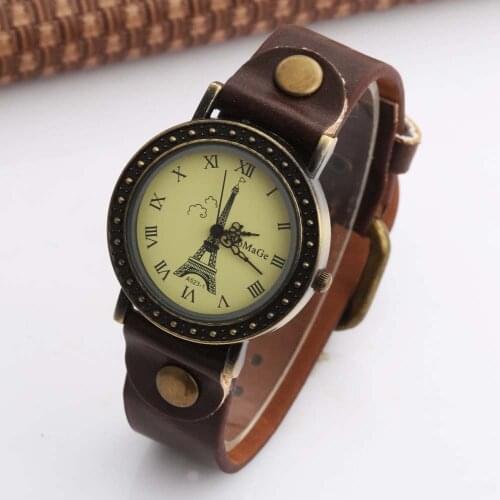 WOMAGE Women Watches Fashion Vintage Watches Leather Band Quartz Wristwatches Paris Eiffel Tower Watch montre femme reloj mujer