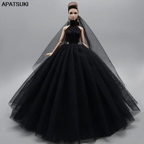 Black High Neck Wedding Dress For Barbie Doll Outfits Princess Evening Party Gown Long Dresses Doll Clothes & Veil 1/6