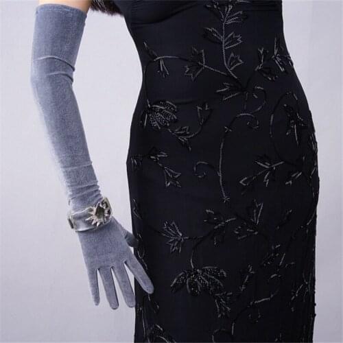 Black Velvet Gloves Grey Short 22cm Women High Elastic Velvet Flannel Fashion Elegant Gloves TB44