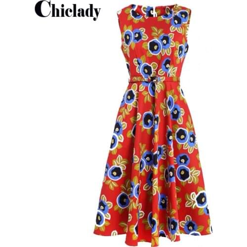 CHICLADY elegant midi summer dress for women lady red flower printed sundress A-line sleeveless casual daily clothing vestidos
