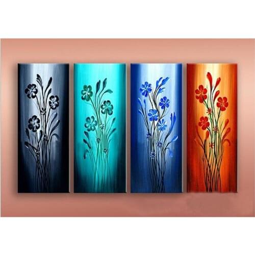 Pure hand painted 4pcs/lot decorative wall pictures beautiful flower canvas art modern abstract oil painting ready to hang