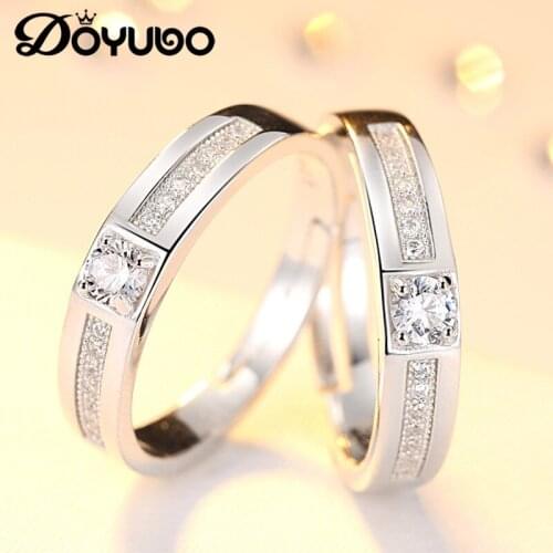 DOYUBO Luxury 925 Sterling Silver Couples Rings Romantic Cubic Zircon Resizable Pure Silver Lovers Wedding Rings Jewelry VB239