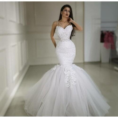 Elegant Long Lace Wedding Dresses with Detachable Train Mermaid Tulle Corset Back Robes De Mariée Bridal Gown For Women