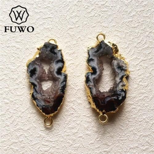 FUWO Geode Slice Connector 24k Gold Electroplate Edge Black Gray Drusy Quartz Double Loops Pendant Jewelry Wholesale PD131