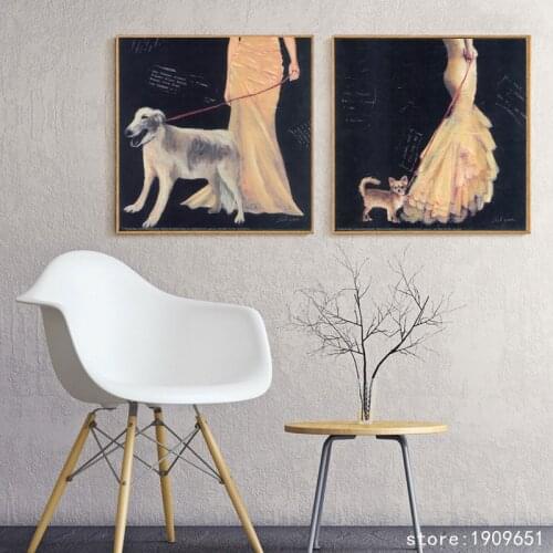 Cotton No frame cartoon fashionable woman with dogs canvas printings oil painting printed on cotton wall art decoration pictures