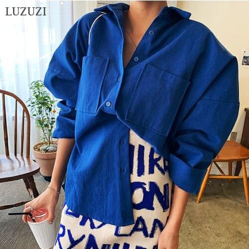 LUZUZI Casual Solid Korean Fashion Double Pocket Oversized Womens Shirt Spring Autumn Cotton Long Sleeve Blouses Top Female