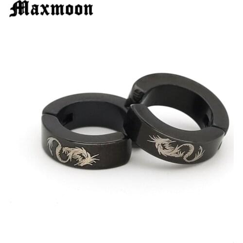 Maxmoon Punk Mens Strong Magnet Stainless Steel Circle Magnetic Clip Earrings Magnet Fake Plugs No Piercing Clip Dragon Tattoo