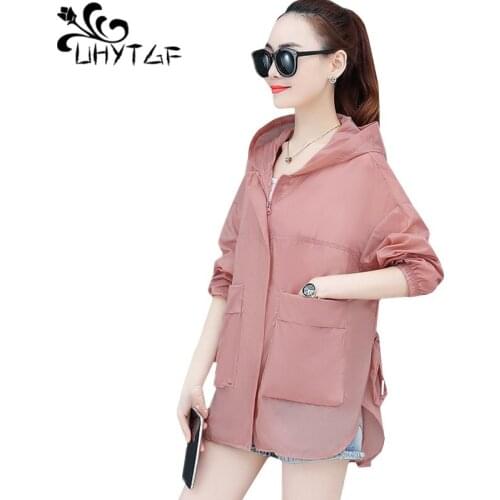 UHYTGF Fashion Womens Summer jacket long-sleeved breathable loose plus size sunscreen clothing elegant girl thin tops coat 1088