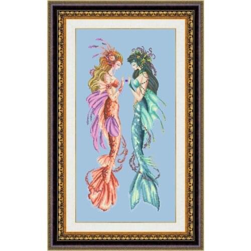 Mermaid sisters cross stitch kit fairy beads pattern design 18ct 14ct 11ct skyblue counted canvas embroidery DIY needlework