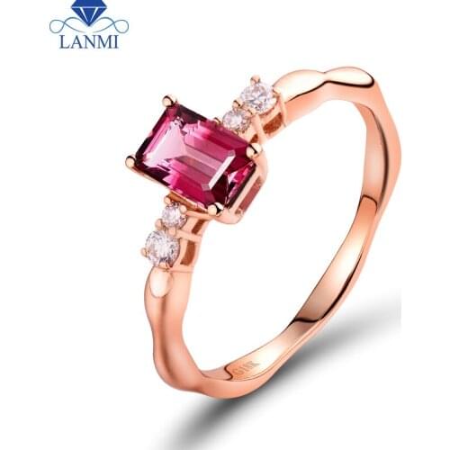 Real 18K Rose Gold Ring Engagement Diamond Natural Pink Tourmaline For Birthday Party Jewelry