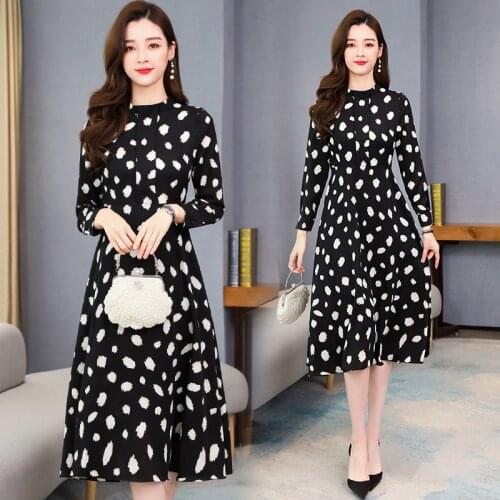 2021 New Korean Elegant Midi Dress Autumn Women Casual Party Black Polka Dot Vestidos Spring Bodycon 3XL Plus Size Vintage Dress