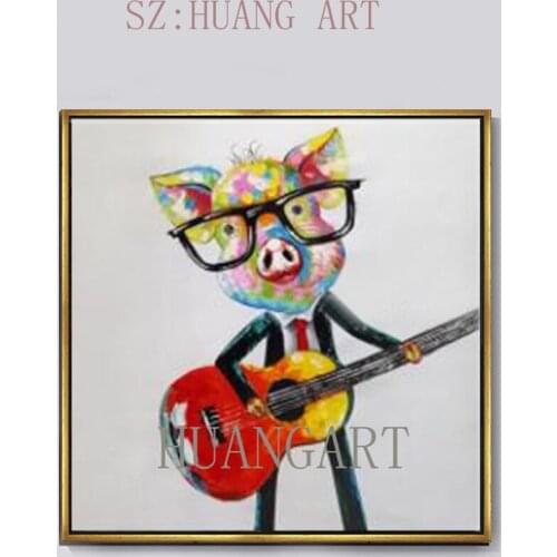 New! Large Mural Playing Guitar Pig Abstract Cartoon Animal Oil Painting On Canvas Wall Art For Childrens Room Home Decor