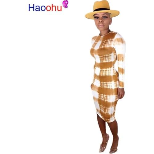 HAOOHU Tie Dye Dress Women Vestidos Fall Winter Clothes Casual Christmas Bodycon Dresses Elegant Knee Length Long Sleeve Dress