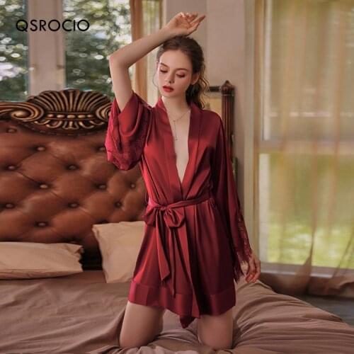 QSROCIO High Quality Womens Pajamas Robe Set Lace Splicing Sexy Bathrobe Satin Silk Like Sleepwear Nightwear Home Wear Clothes