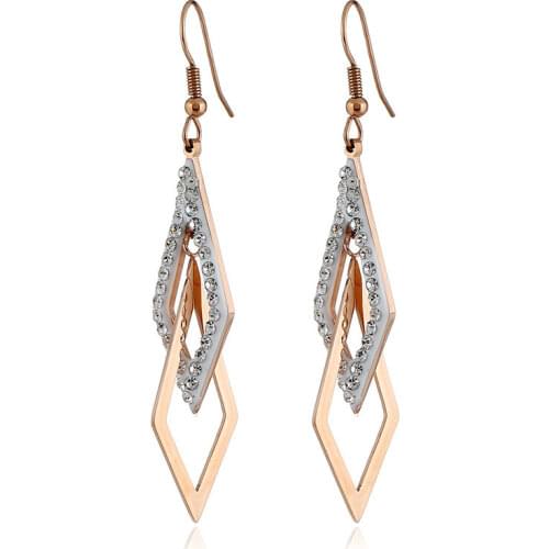 316L Stainless Steel Rose Gold Simple Geometric Triangle Crystal Zircon Ear Hook Earrings No Fade