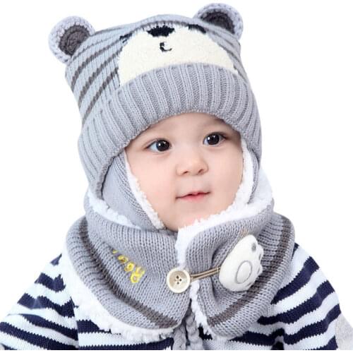Unisex Kids Cartoon Bear Stripe Hats And Scarf Baby Cap Set Girl Boy Cap Scarf Set Child Winter Earmuffs Hat Scarf Warm Suit