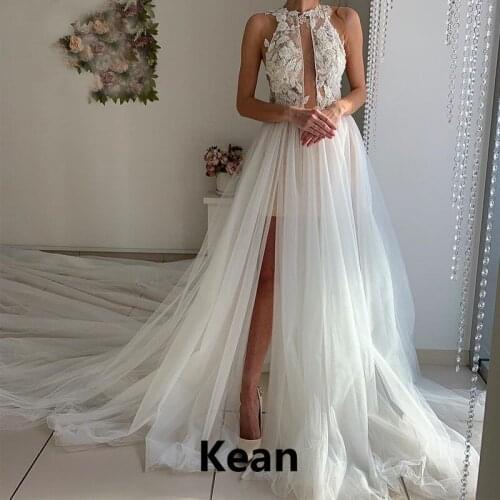 Vestido de noiva Wedding Dress High Split Deep-V Applique Beaded Backless Dubai Arabic Robe De Mariee Bride Gown Custom Made