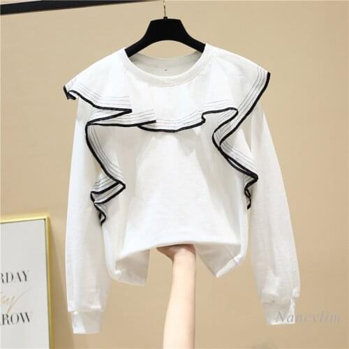 Three-Dimensional Ruffled Stitching Crew Neck Pullover Sweatshirt Womens Fashion Loose All-Matching Pullover Hoodie Top