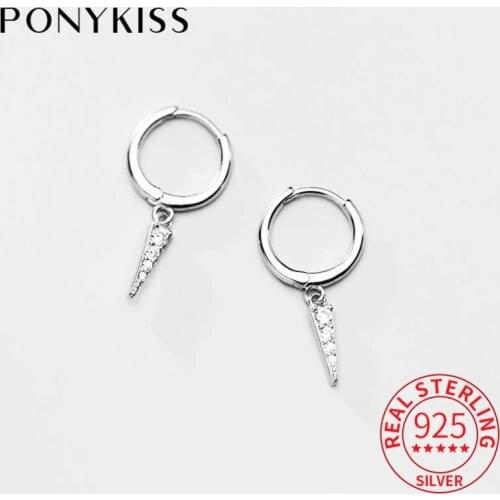 PONYKISS 100% S925 Sterling Silver triangle Zircon Hoop Earrings for Women Party Delicate Elegant Accessory minimlist Gift