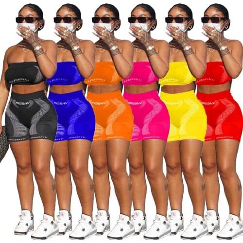 HAOOHU Womens Clothing Womens new Summer Sexy Fashion Casual Printing Letter Tube Top Sexy Shorts Two-piece Suit