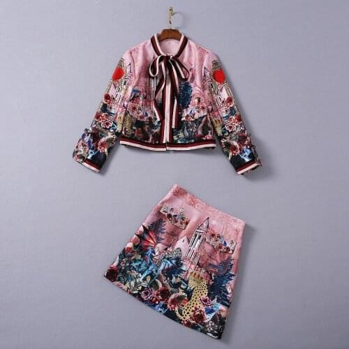 European and American womens wear 2020 winter new style Nine-point sleeve architectural print coat skirts Fashion jacquard suit
