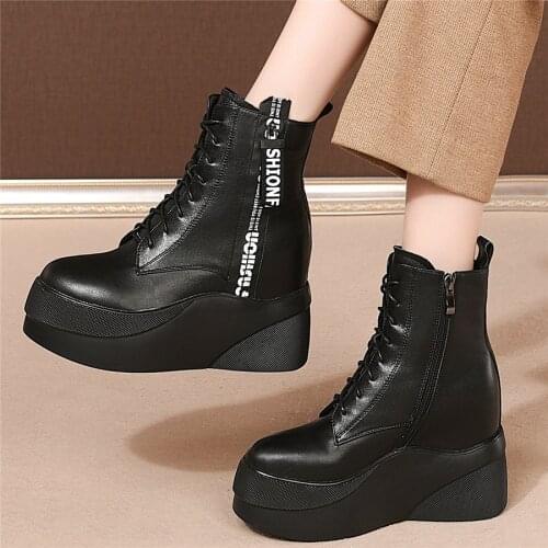 HIgh Top Winter Warm Trainers Women Genuine Leather Wedges High Heel Snow Boots Female Round Toe Fashion Sneakers Casual Shoes